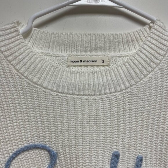 moon & madison SALTY  Sz Small Cream Sweater with Blue Script Bell Bell Sleeve - Picture 6 of 9